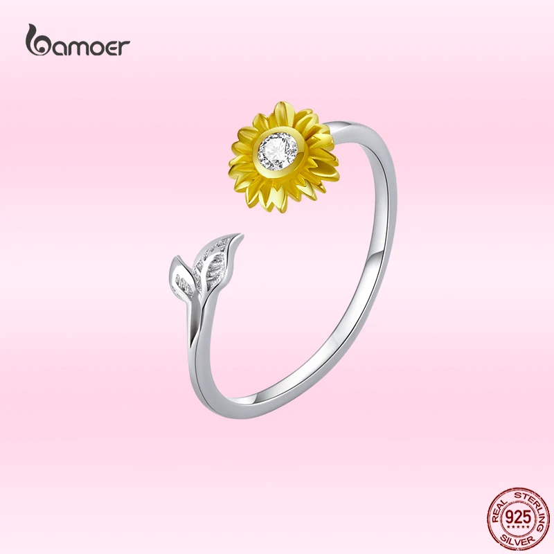 

Bamoer New 925 Sterling Silver Open Sunflower Finger Rings for Women & Girls Summer Casual Sweet Ring Adjustable Jewelry GAR213