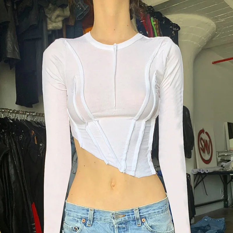 

Autumn Solid Casual T Shirt Women Long Sleeve O Neck Slim Clothing Lady Fashion Black White Short Top 2021 New