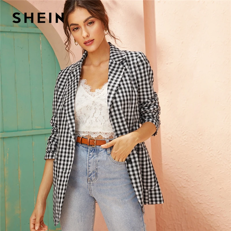 SHEIN черный и белый блейзер в клетку с зазубренным воротником для женщин; сезон осень-весна; однобортные повседневные блейзеры в клетку