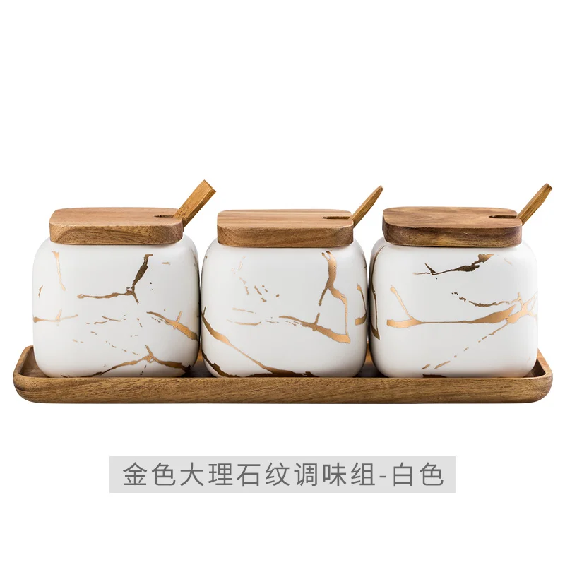 Marble Pattern Ceramic Kitchen Seasoning Tank Set Wooden Cover Sugar Salt Storage Tank Salt Shaker Spice Jar Kitchen Accessories