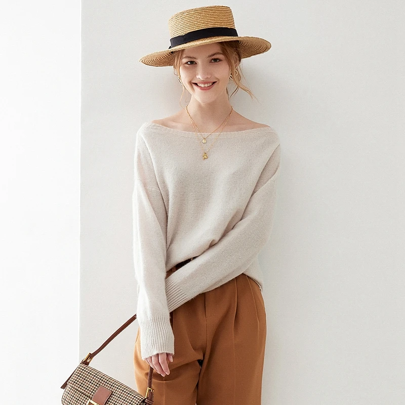 

100% Pure Wool Early Autumn 2020 New Sweater Women Knitted One-way Collar Off-shoulder Pullover Cashmere Sweater Top Thin Blouse