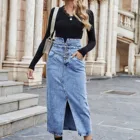 Женская джинсовая юбка с высокой талией, голубая однотонная повседневная юбка с высокой талией и разрезом