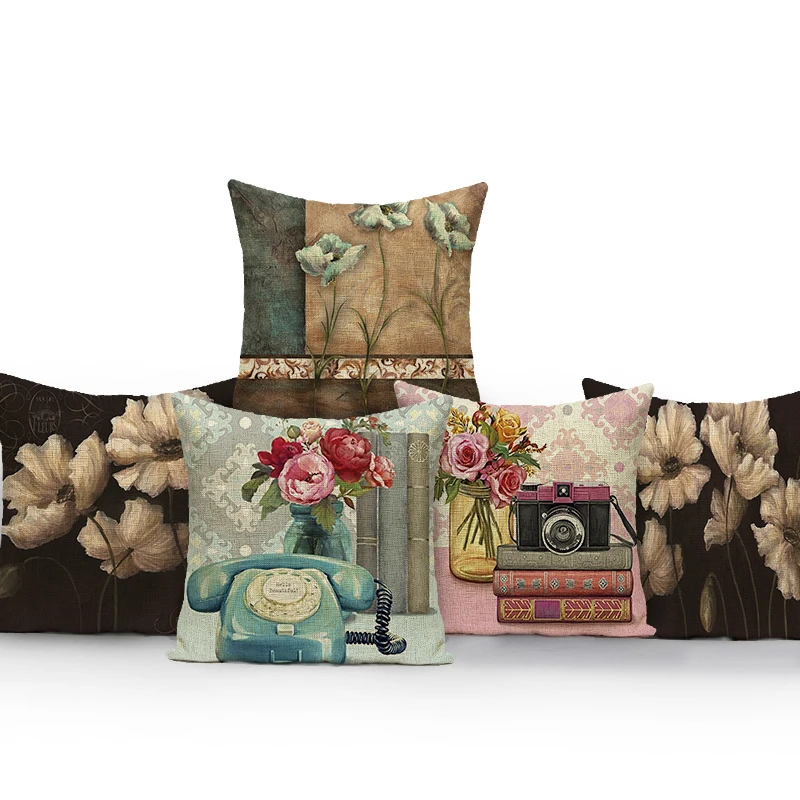 

Nordic Retro Flower Printed Pillow Cover Polyester Flower Pattern Cushion Cover For Home Sofa Bed Car Decor Throw Pillowcase