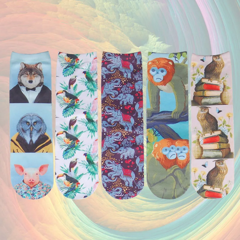Милые женские носки с 3D принтом волк сова свинка обезьяна слон попугай модные