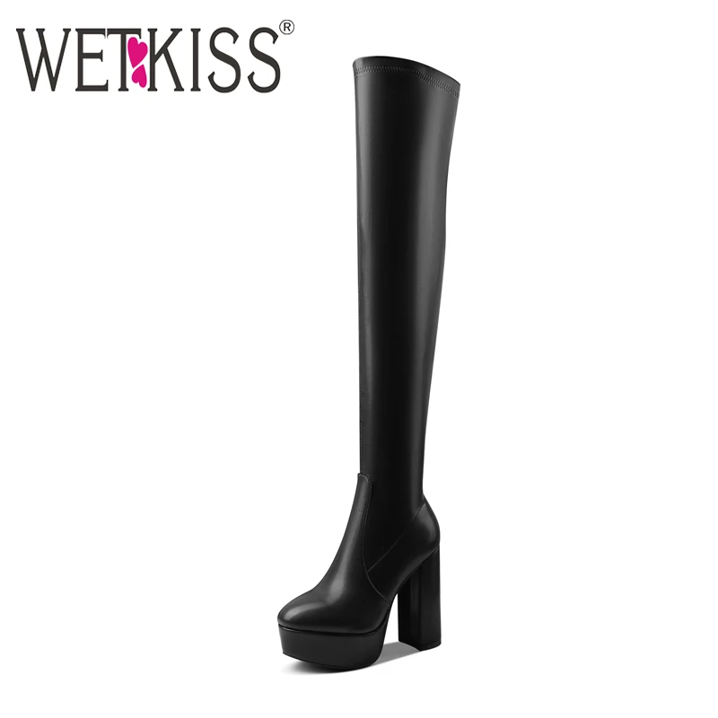 

Wetkiss Autumn&Winter Women Sexy Stretch Thick High Heel Classic Over Knee Boots Round Toe Platform Shoes XL167