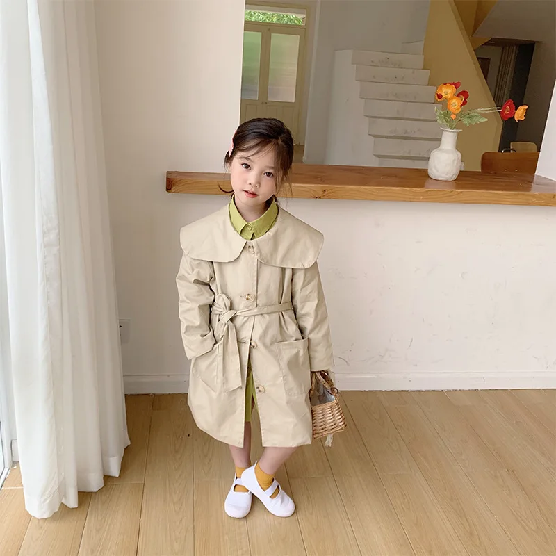 Новый стиль 2020 модный длинный Тренч с отложным воротником для девочек от 2 до 7 лет