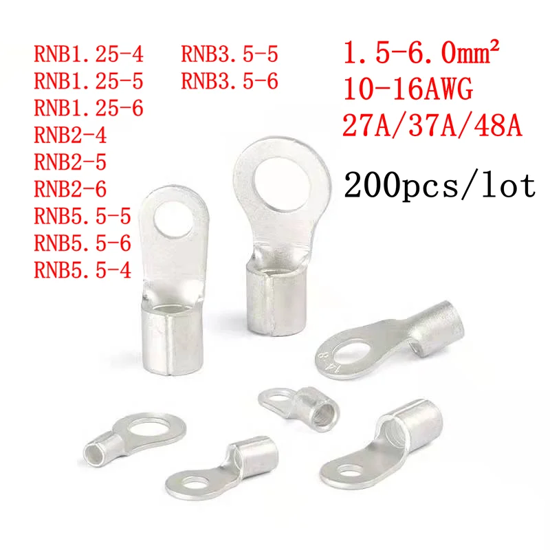 

200Pcs/Lot Ring Bare Cord End Crimp Terminals Electrical Naked Wire Cable Connector RNB1.25 RNB2 0.5-6mm² 22-14AWG Electric Pug