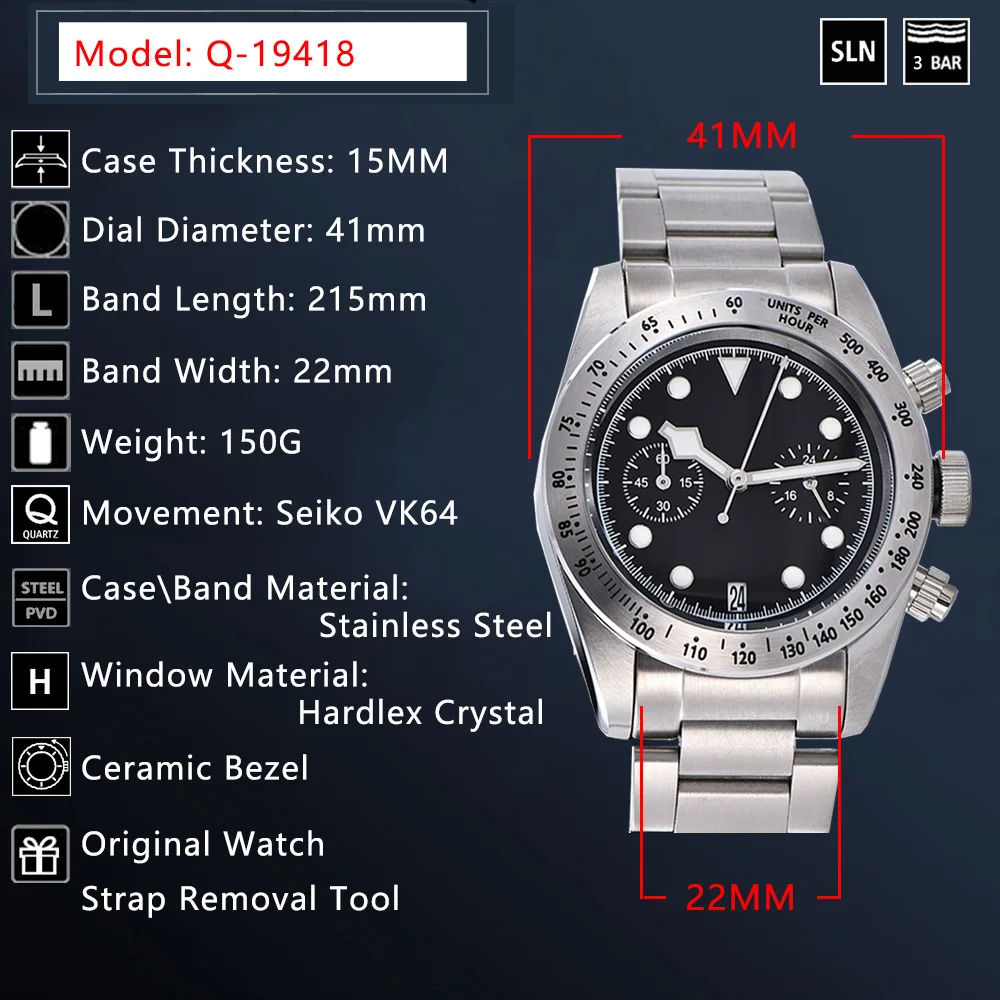 Хронограф черный залив Япония Seiko vk64 кварцевый механизм 41 мм керамический ободок
