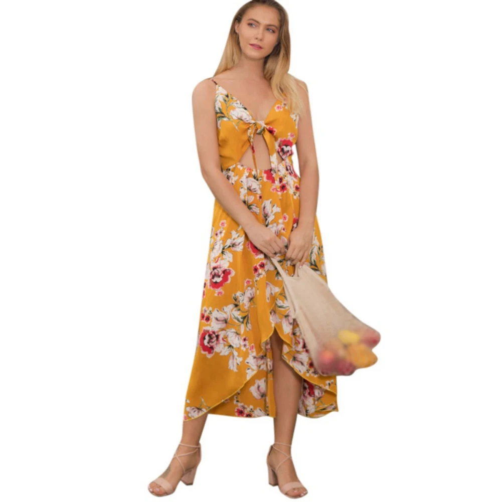 

2021 Summer New Women's Printed Thin Sling Irregular Sleeveless V-Neck Exposure Navel Off-Shoulder Beach Style Mid-Length Dress
