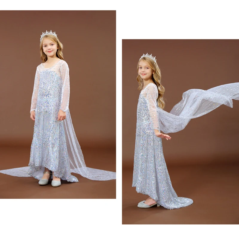 White Blue Elsa Dress for Girls Floor Length Long Tail Dresses Princess Up Halloween Carnival Cosplay Costume Child | Детская одежда и