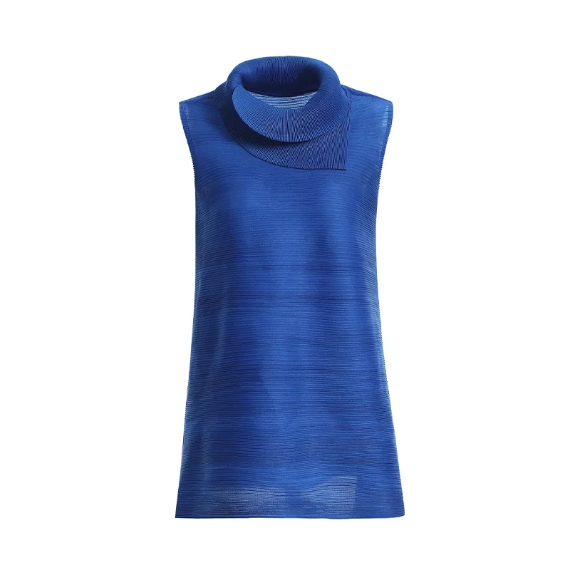 

Women Purple T-shirt Large Size Turtlenck Sleeveless Pleated T-shirts Female 2021 Summer New Fashion Tide E204