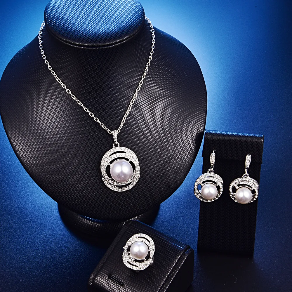 TSHOU153 Серебро Жемчужное ожерелье серьги кольцо три Набор для вышивки крестом