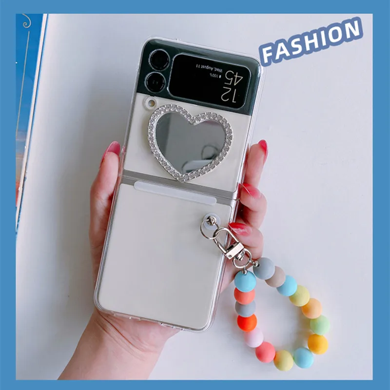 Love Makeup Mirror Phone Shell Case for Samsung zflip3 5G Bracelet Hand Lanyard Protective Cover For Z Flip 4 ZFlip 3 ZFlip Etui