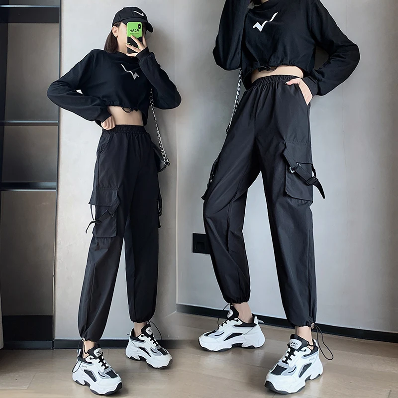 

Spring and Autumn Overalls Women's Thin High-Waisted Black Pants Loose bf Straight Sports Beam Ankle-Tied All-Match Casual Pants