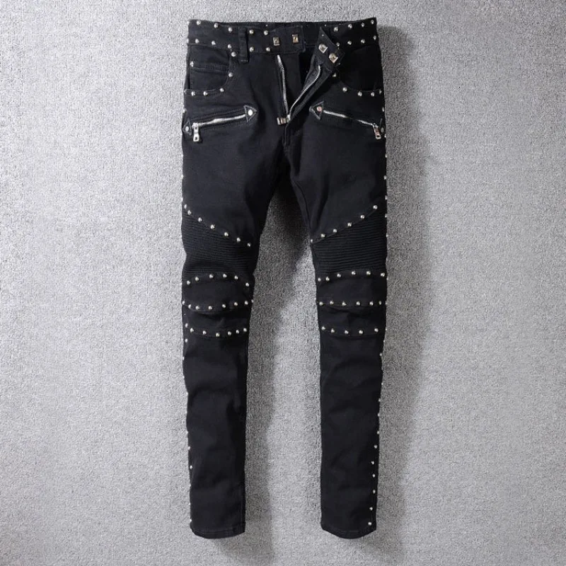 Top Quality Men Motor Biker Slim Fit Jeans Skinny Rivet Pencil Pants Punk Beads Pleated Long Denim Trousers Big Size White | Мужская