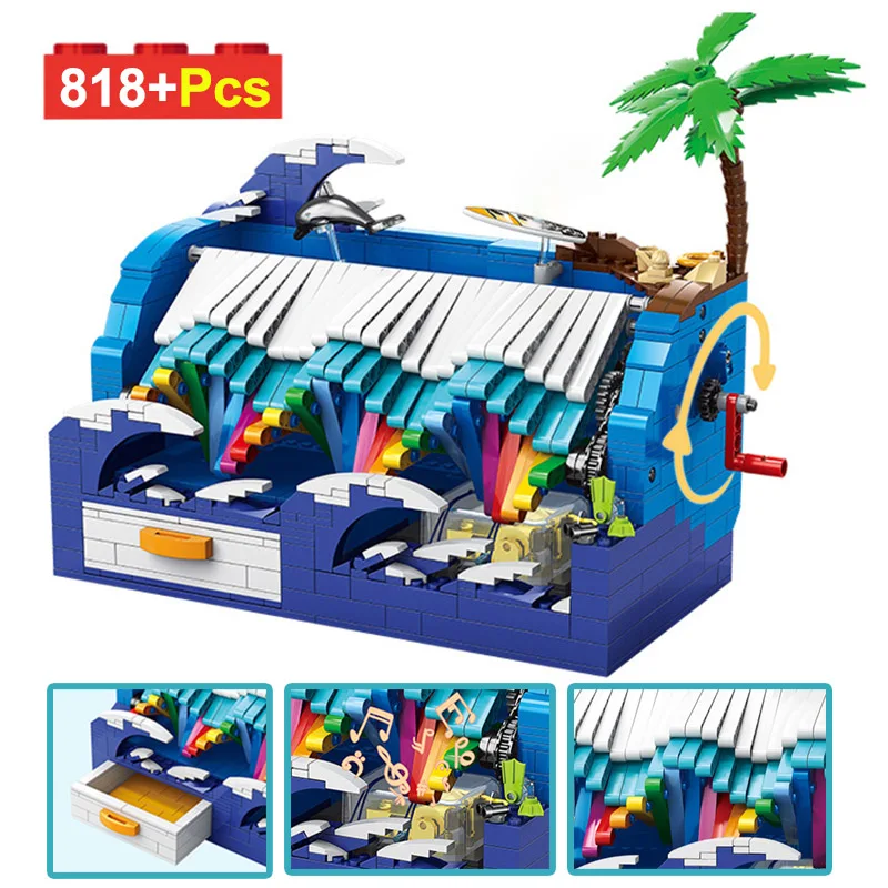 

818 шт., креативная серия, игрушечная шкатулка с волнами, модель, строительные блоки, кокосовое дерево с фигурками, кубики MOC, игрушки