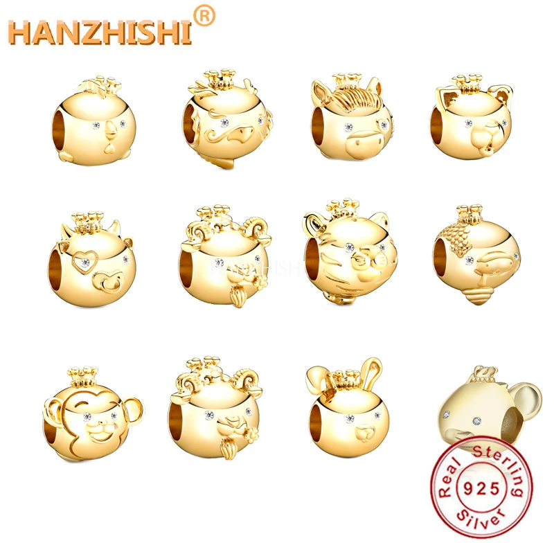 

Оптовая цена, бусины-шармы из серебра 925 пробы золотого цвета с 12 китайскими знаками Зодиака, подходят для оригинального браслета, Женские Ю...