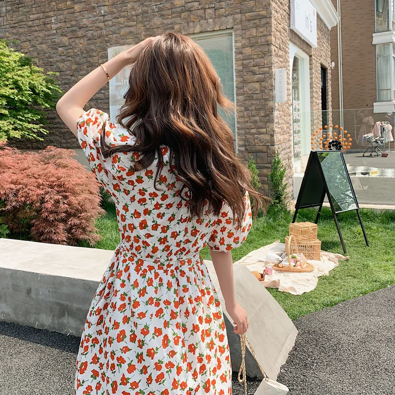 

Summer Red Floral Dress New One Piece Korean Lantern Sleeve High Waist Slim Casual Loose Elegant Maxi dress For Women