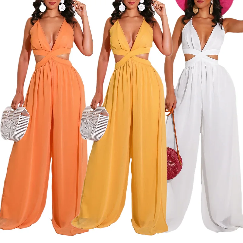 

Chiffon solid straight leg sleeveless women causal jumpsuits women's elegant long sexy jumpsuit 2021 summer beach loose rompers