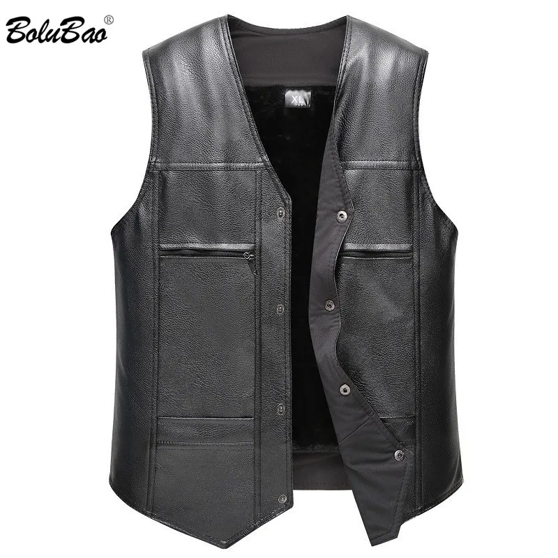 Мужской кожаный жилет BOLUBAO с флисовой подкладкой несколькими карманами