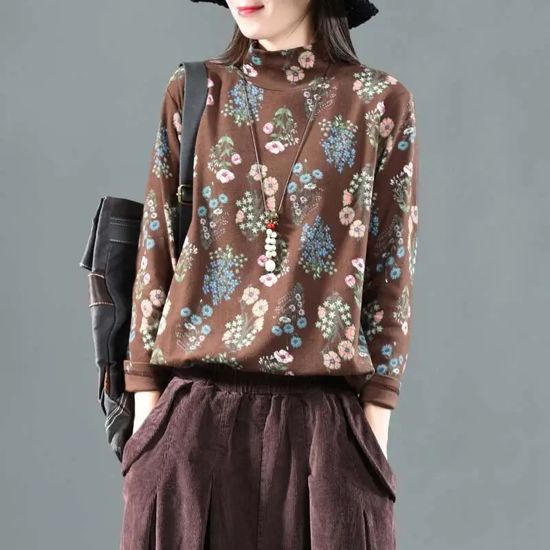 

100% хлопок водолазка Винтажная футболка Женские повседневные топы Осень Зима футболка с длинным рукавом Цветочная Базовая футболка