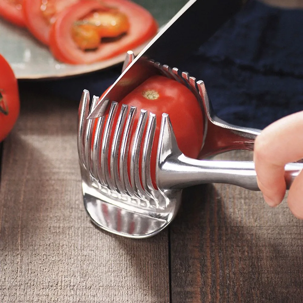 

Potato Tomato Slicer Cutter Tool Kitchen Gadgets Handy Stainless Steel Onion Holder Vegetable Fruit Cutter Safety Cooking Tools