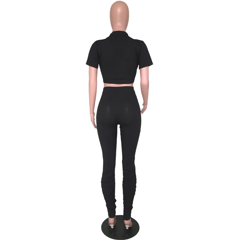 Adogirl Solid Ribbed 2 Piece Set Turn Down Collar V Neck Tie Short Sleeve Crop Top Ruched Pants Women Tracksuit home Outfits |
