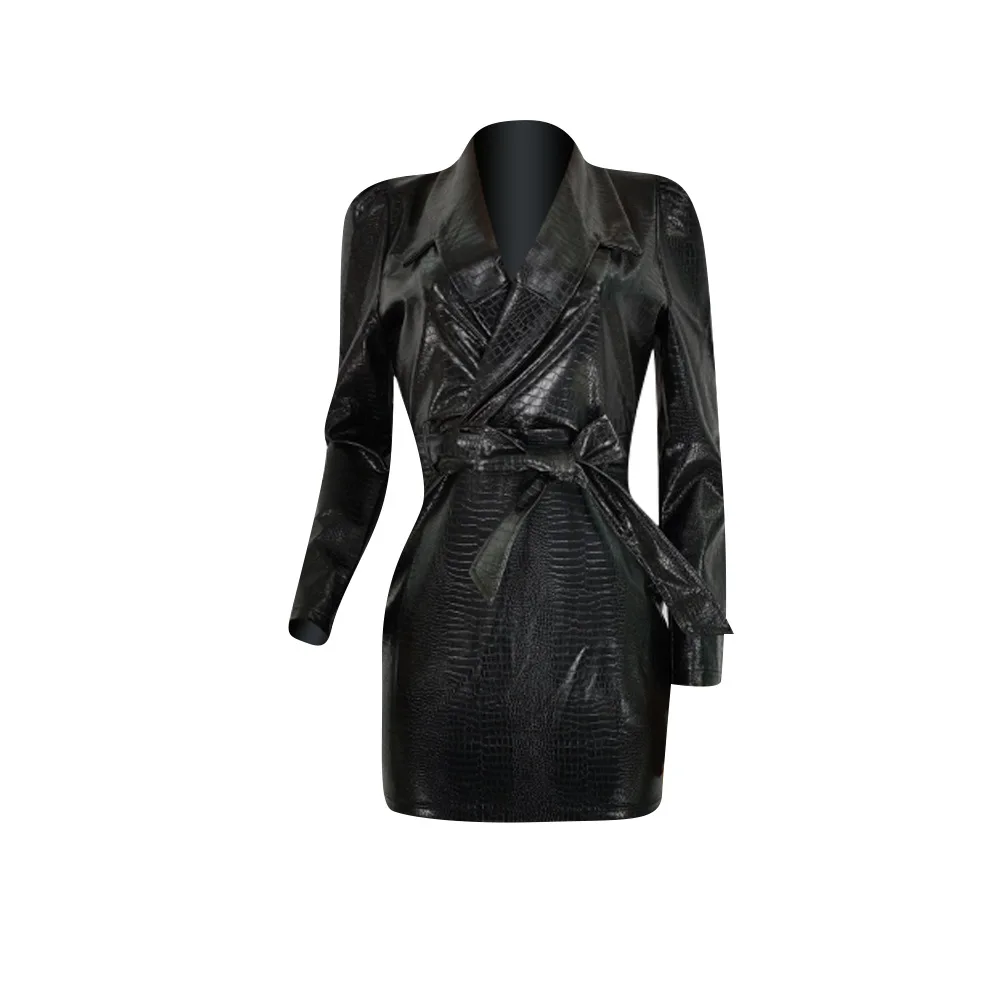

Women Pu Dress Faux Leather Belted Puff Sleeve Pu Leather Bodycon Dress With Sashes