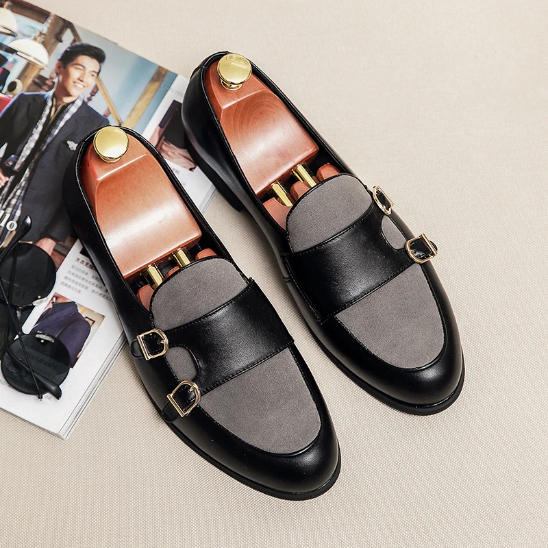 

Double Buckles Strap Men Monk Shoes Fashion PU Leather Мужская повседневная обувь Classic Chaussures Pour Hommes Slip on 3KC866