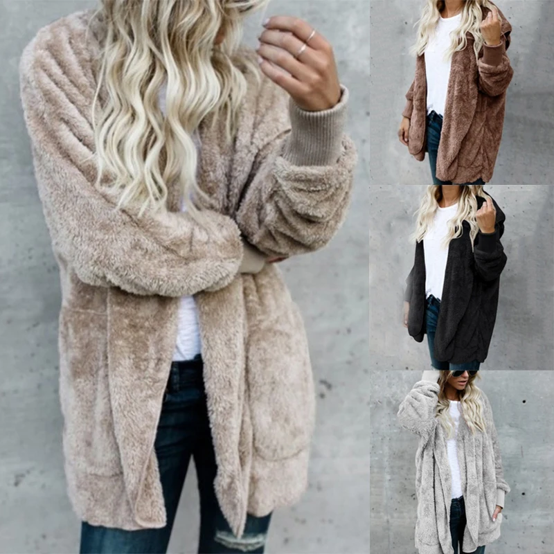 

Winter Warm Cashmere Open Stitch Coat Woman Woolen Coat Long-sleeved Hooded Outwear Pocket Decor Warm Woman Wool Coat