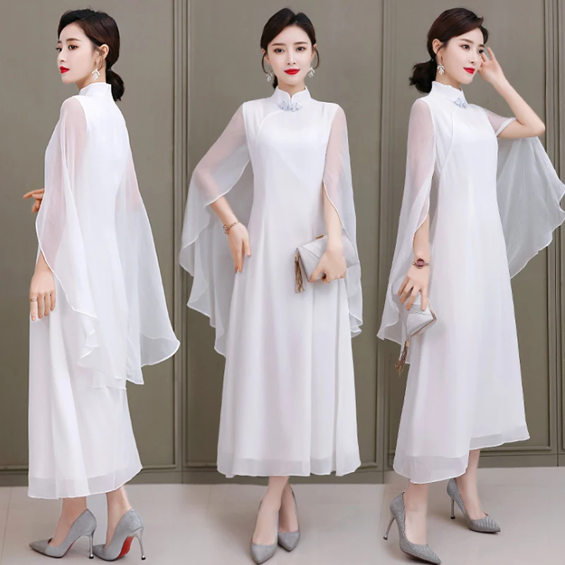 

Женское белое Длинное Элегантное платье-шаль, модифицированное вечернее платье-Ципао для китайского банкета, лето 2020