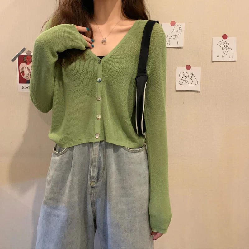 Женский тонкий кардиган с V-образным вырезом и длинным рукавом |