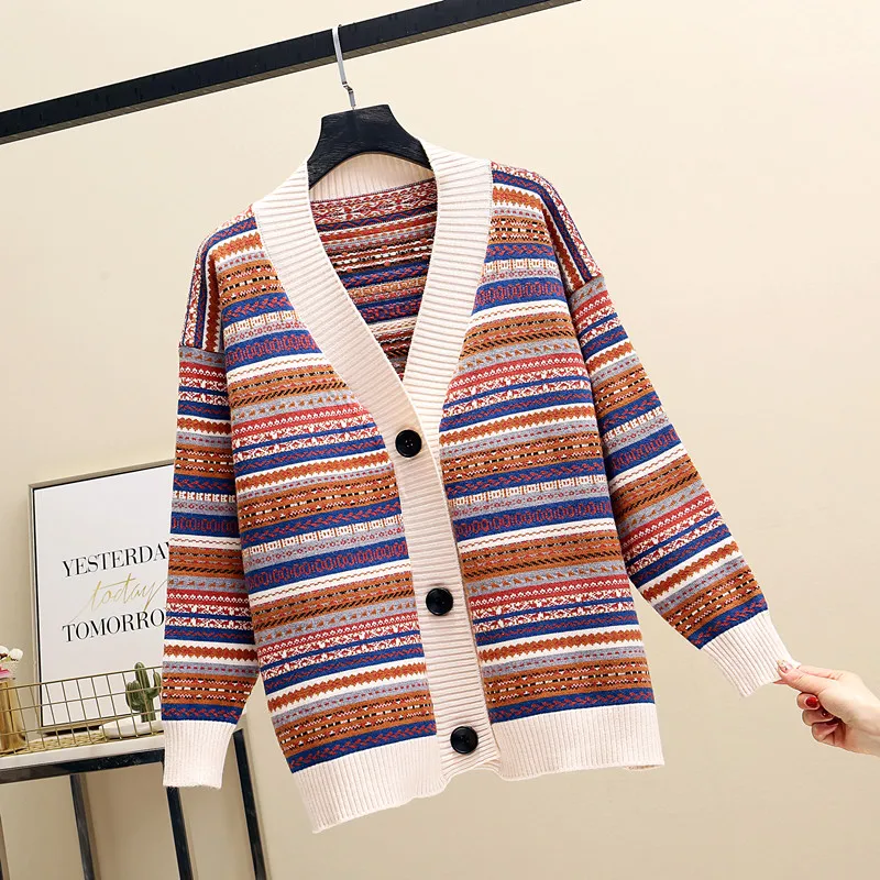 

2020 Autumn Women New knitted Sweater Korean Version of The Loose Striped Sweater Cardigan Long-sleeved V-neck Versatile Jacket