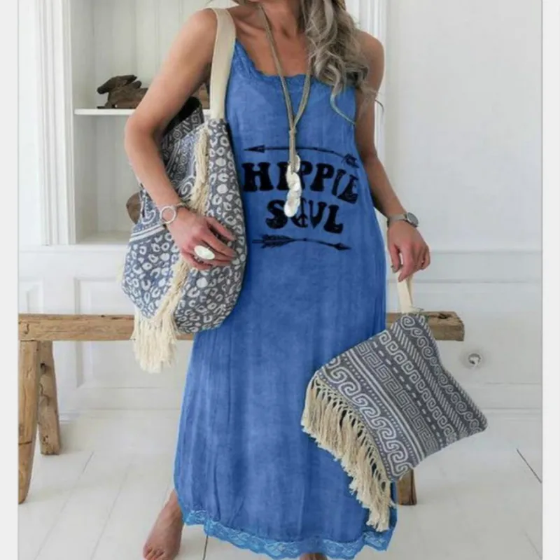 

Women's casual round neck wear -summer new simple letter print tank long dress