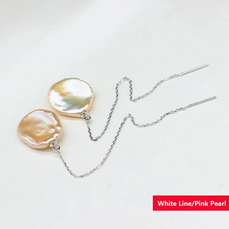 

925 Sterling Silver Long Line 15-16mm Natural Cultured Freshwater Baroque Keshi Pearl Earrings for Gift