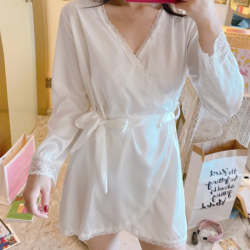 Spring Summer 2021 New Women's Robe Elastic Satin Sexy Nightgown Lace Bathrobe Home Dress Morning Gown Sleepwear Japanese Kimono