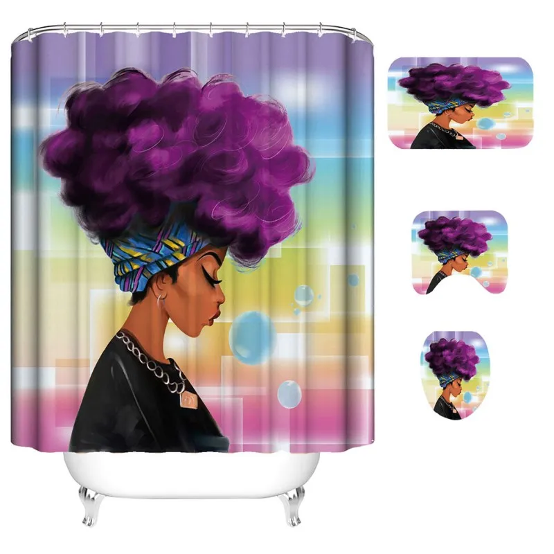 

African Girl Waterproof Fabric Shower Curtain With 3pcs Toilet Cover Mats Non-Slip Rugs Bathroom Set Gifts,Multi-Pattern