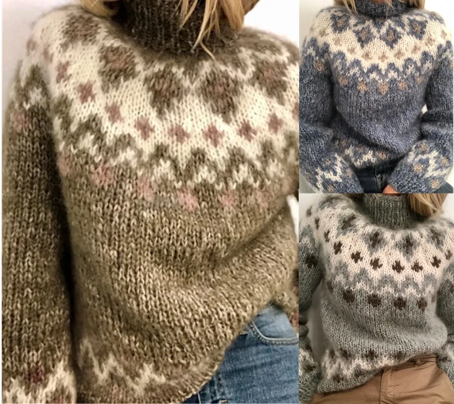 

Мягкий Повседневный свободный мохеровый толстый жаккардовый вязаный свитер с высоким воротником осень/зима 2020 пуловеры винтажный свитер