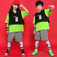 kid kpop hip hop clothing black sleeveless jacket green t top streetwear checkered shorts for girls boys dance costume clothes