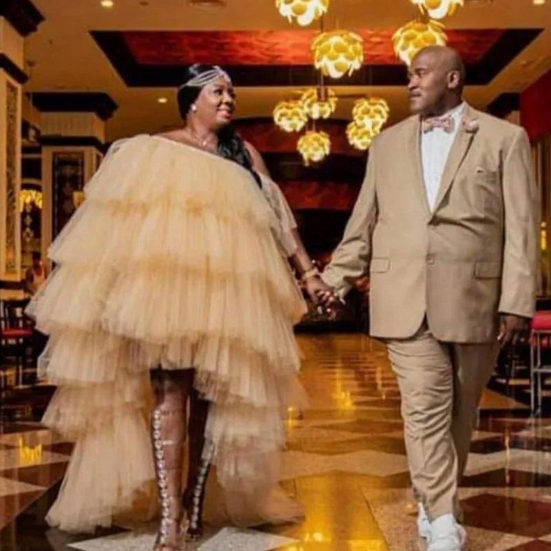 

Hi Low Khaki Prom Gowns Unique Puffy Tiered Long Formal Dresses Off Shoulder Custom Made Vestidos Abendkleider