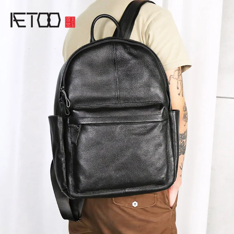 

AETOO First layer cowhide classic simple wild backpack Japan and South Korea leather casual schoolbag men and women travel backp