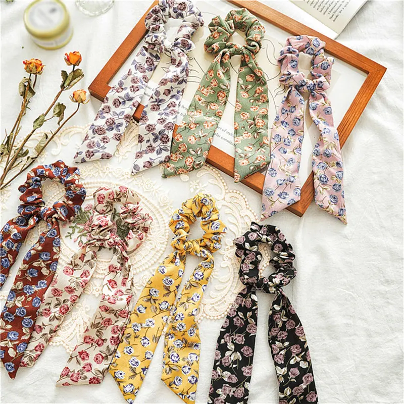 

Floral Print Hair Ribbon Knot Hair Ties Scrunchies Woman Fashion Hair Rings Rubber Band Fashion Hair Accessories Hair Rope Gum