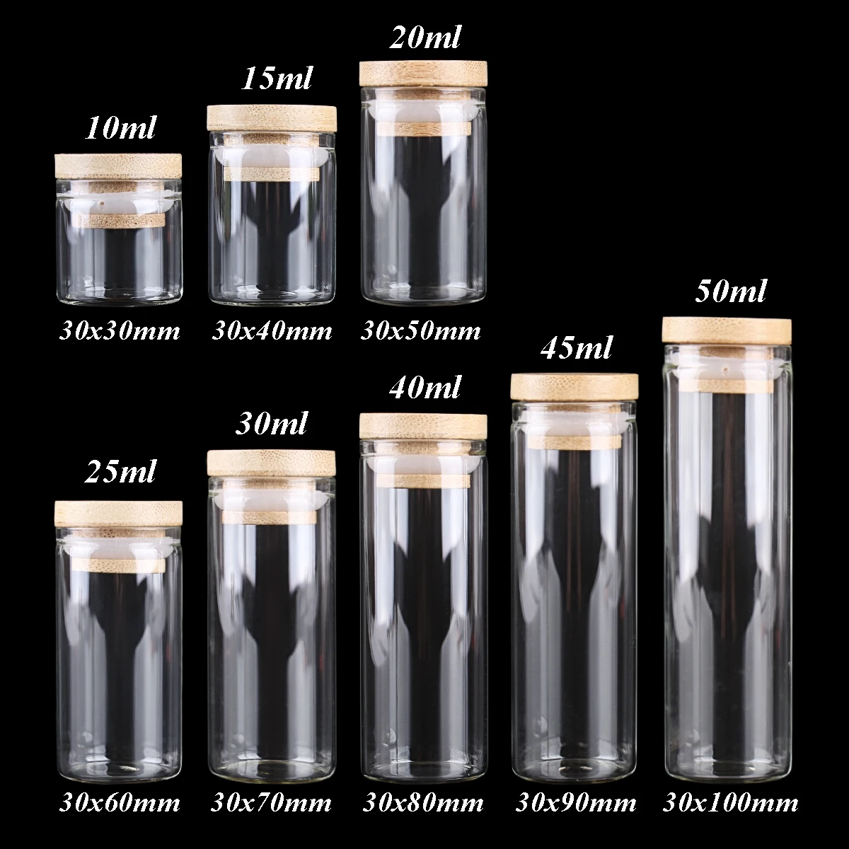 

5pcs Dia 30mm 10-50ml Glass Bottles Glass Jars with bamboo caps Potion bottles Spice Jars Wishing bottles for Art Craft