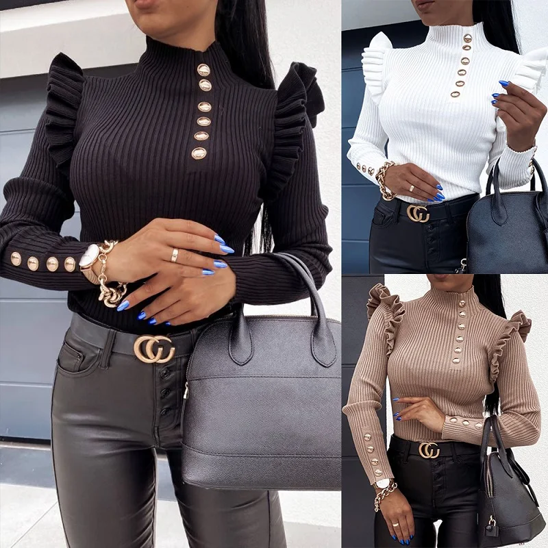 

Women Ruffles Turtleneck Tops Buttons Casual Black Slim Ribber T Shirt Autumn Winter Long Sleeve Basic Sweaters Women Shirts