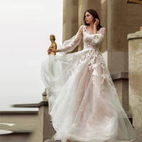 2020 v neck lace appliqued beaded a line wedding dress long sleeve sweep train flowing wedding gowns vestido de noiva