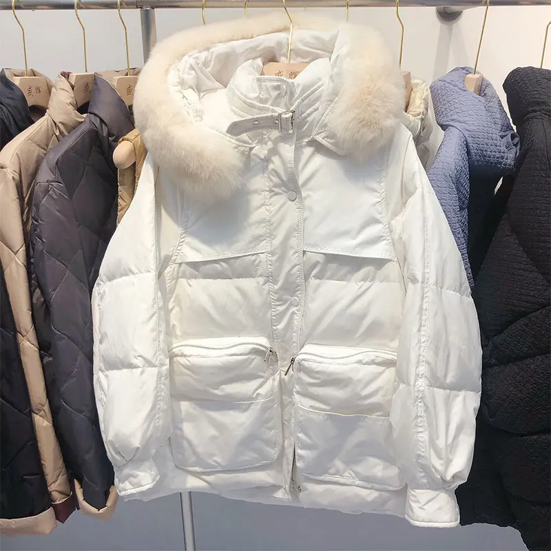 

2021Winter Women's Short Down Jacket Big Fur Collar Removable Thick White Duck Down Large Pocket Outwear Hooded Warm Jacket LS58