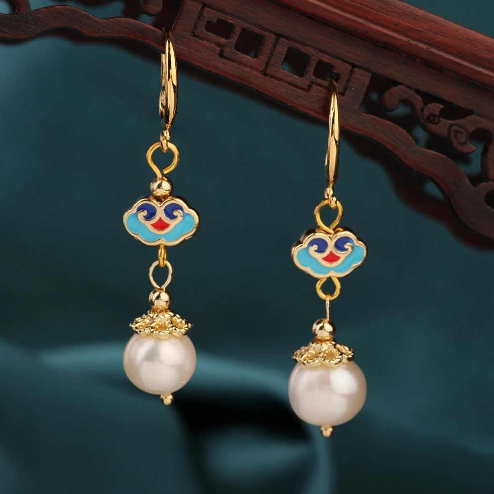 

Summer Fashion Vintage Delicate Freshwater Pearl Drop Earrings Ethnic Cloisonne Chinese Style Jewelry for Women MYWINY