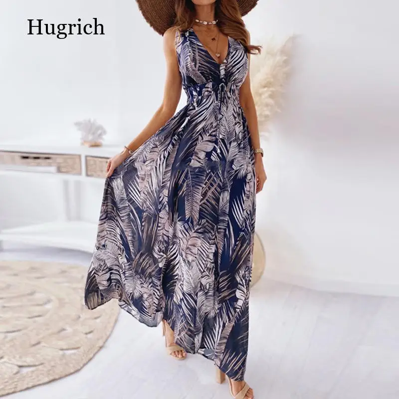 

Fashion Lace-up Backless Women Maxi Dress Summer Elegant Sleeveless Beach Dresses Casual V-Neck Ladies Boho Dress Long