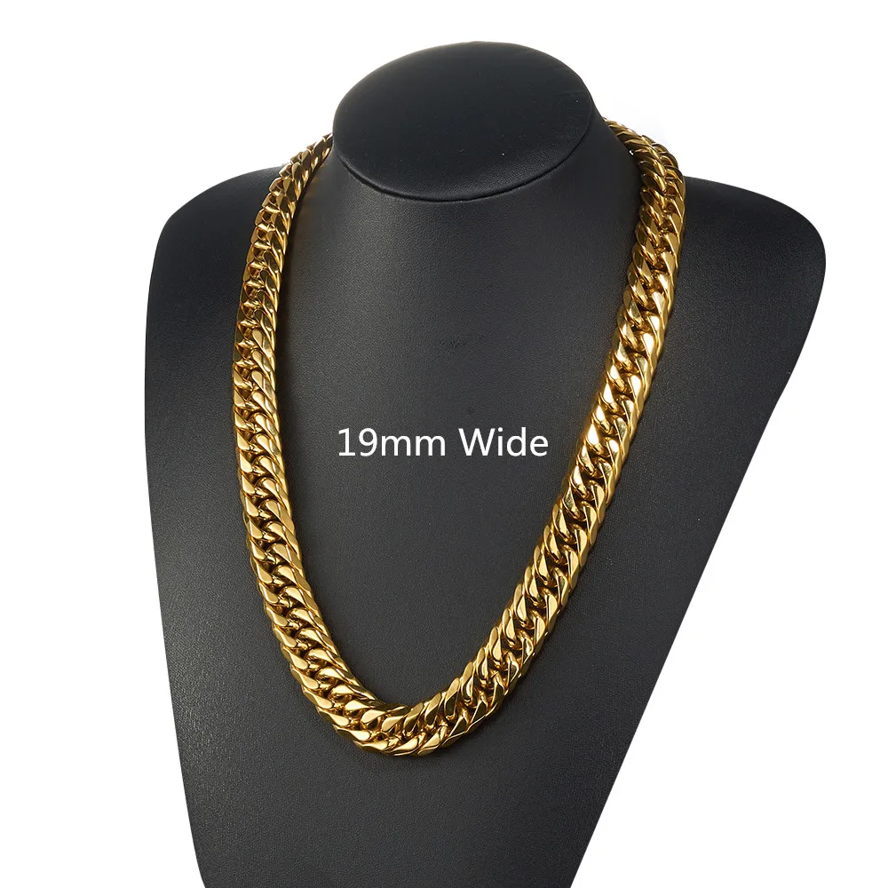 

Hip Hop Heavy Men's 13/16/19mm 7-40inch Gold Tone 316L Stainless Steel Curb Cuban Link Chain Necklace & Choker Fashion Jewelry