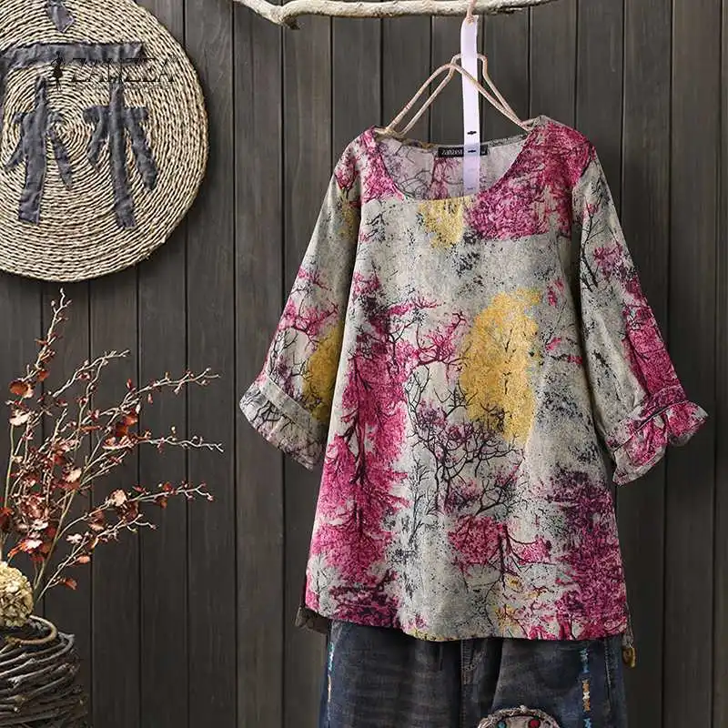 Женский винтажный хлопковый льняной Топ Весенняя блузка с цветочным принтом